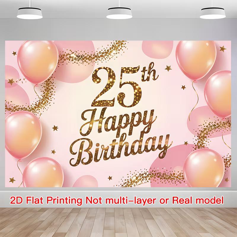 2D Soft Pink 25th Birthday Backdrop with Gold Confetti Photo Booth Banner