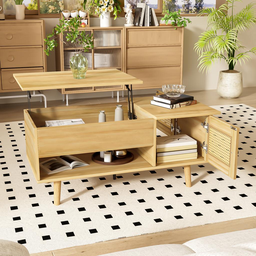 Elegant coffee table with liftable tabletop and rattan doors, wood color with black accents, ideal for the living room