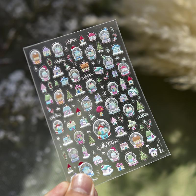 Зимнее металлическое украшение для рождественской елки, наклейки для дизайна ногтей, наклейки для ногтей DIY, милые мультяшные, хрустальный шар, Санта Клаус, маникюрные наклейки