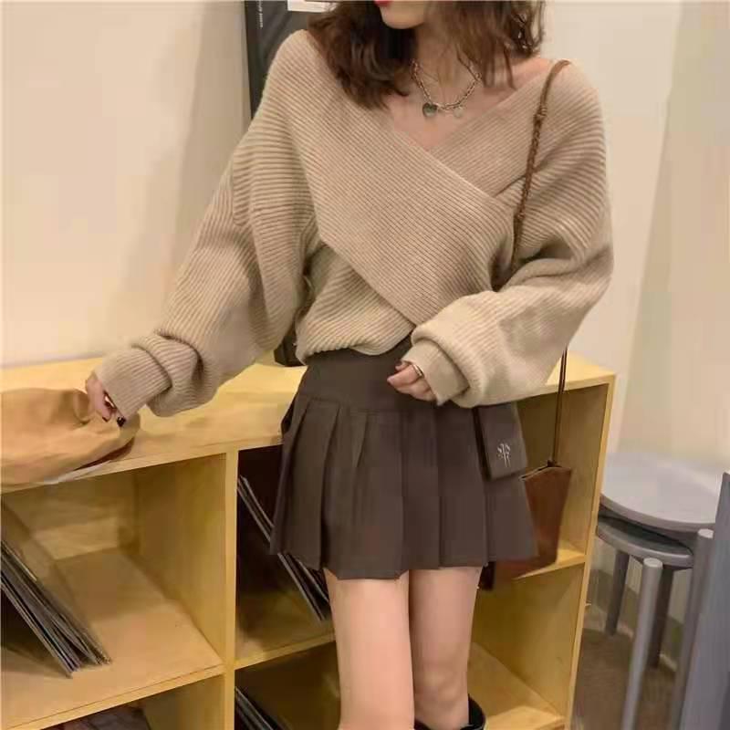 2026 Autumn/Winter Petite Korean Style Cross-Neck Loose Long Sleeve Sweater