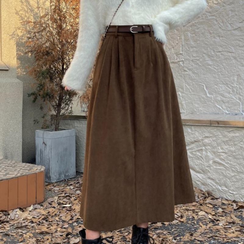 Женская коричневая юбка осень-зима с высокой талией, длинная вельветовая юбка, женские плиссированные юбки А-силуэта в студенческом стиле