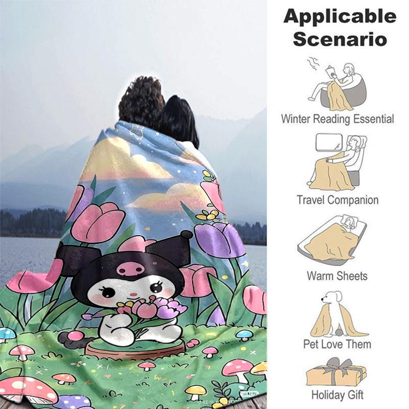 1pc Floral Adventure Kuromi Blanket, Soft Throw for Room Decor, Perfect Gift for Family and Friend, Living Room, Travel, Camping, Car Blankets, Beach,