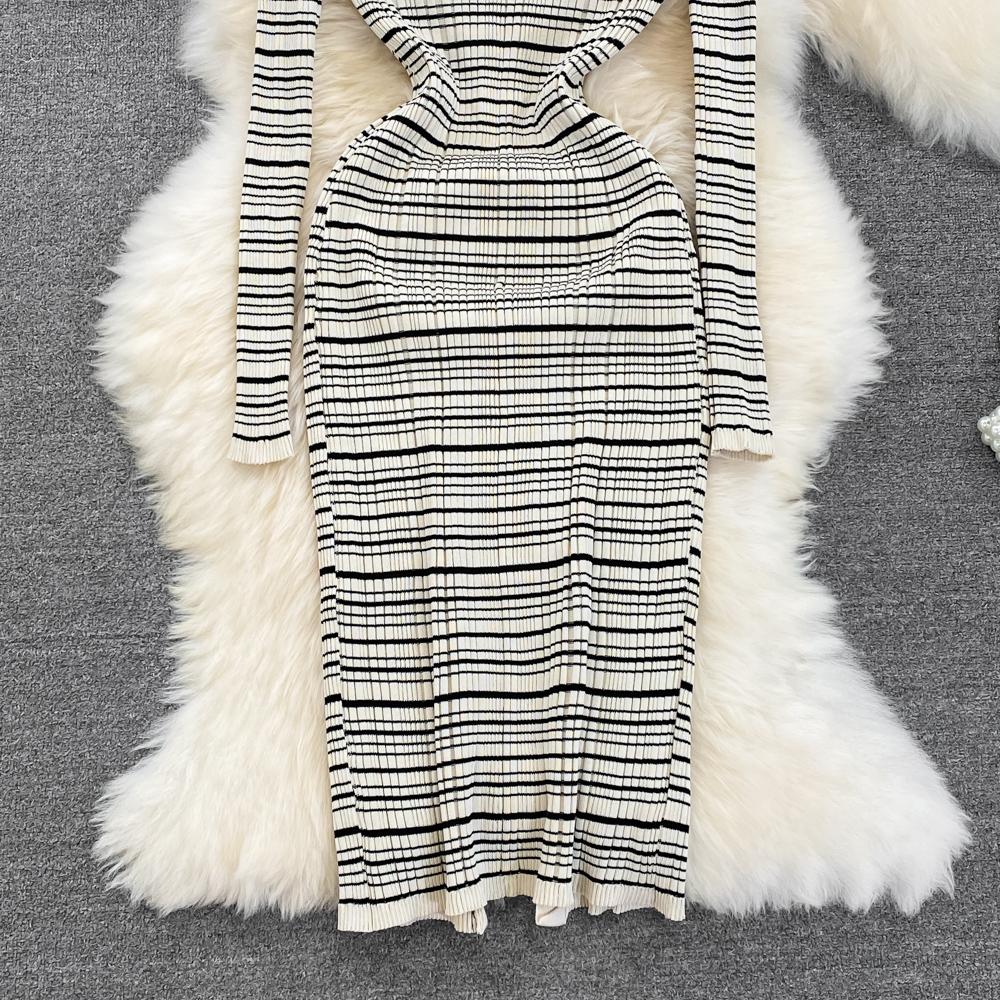 Осеннее модное полосатое вязаное платье-свитер с отложным воротником, женское повседневное однобортное трикотажное платье-карандаш длиной до колена