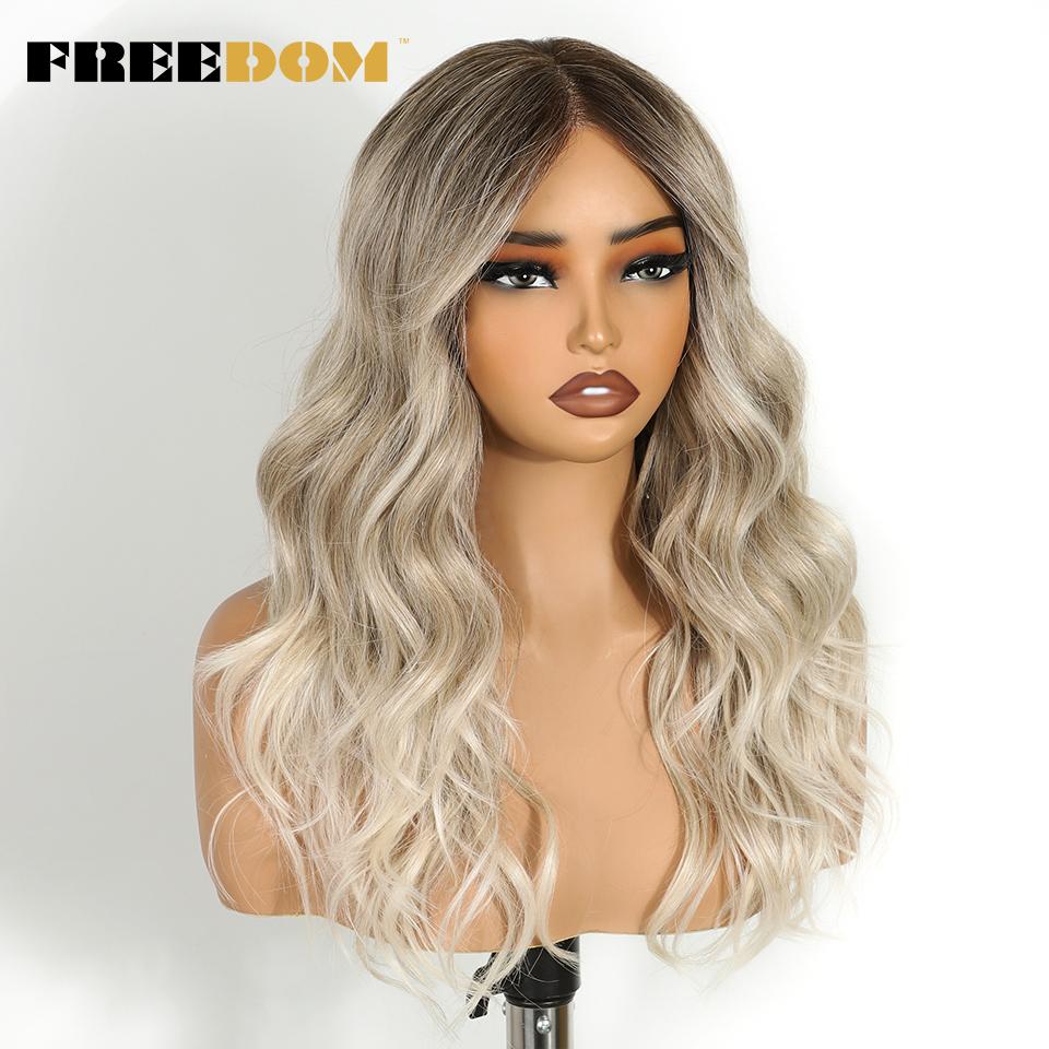 FREEDOM Synthetic Lace Front Wigs For Women 6x4 Pre-cut Lace Ombre Brown Blonde Wavy Wig With Bangs Heat Resistant Cosplay Wigs