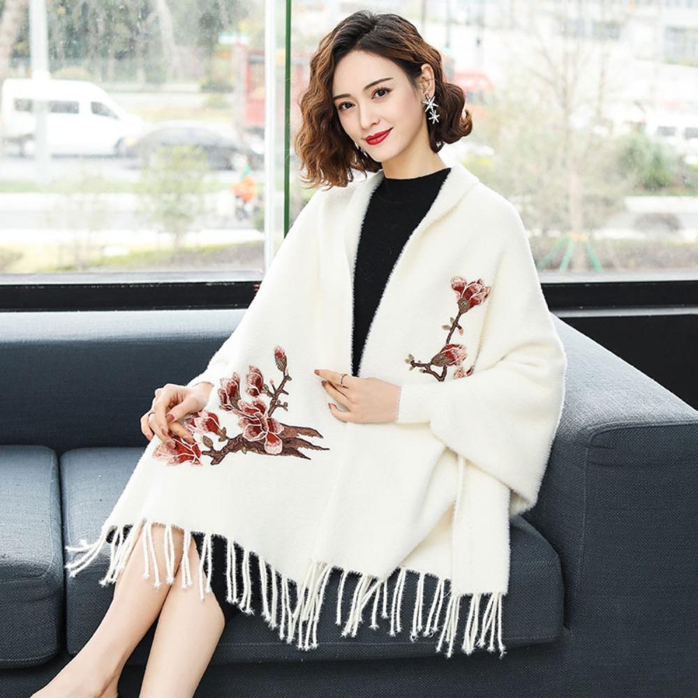 Tassel Embroidery Scarf Imitation Mink Fur Long Fringed Shawl Wedding Party Evening Dresses