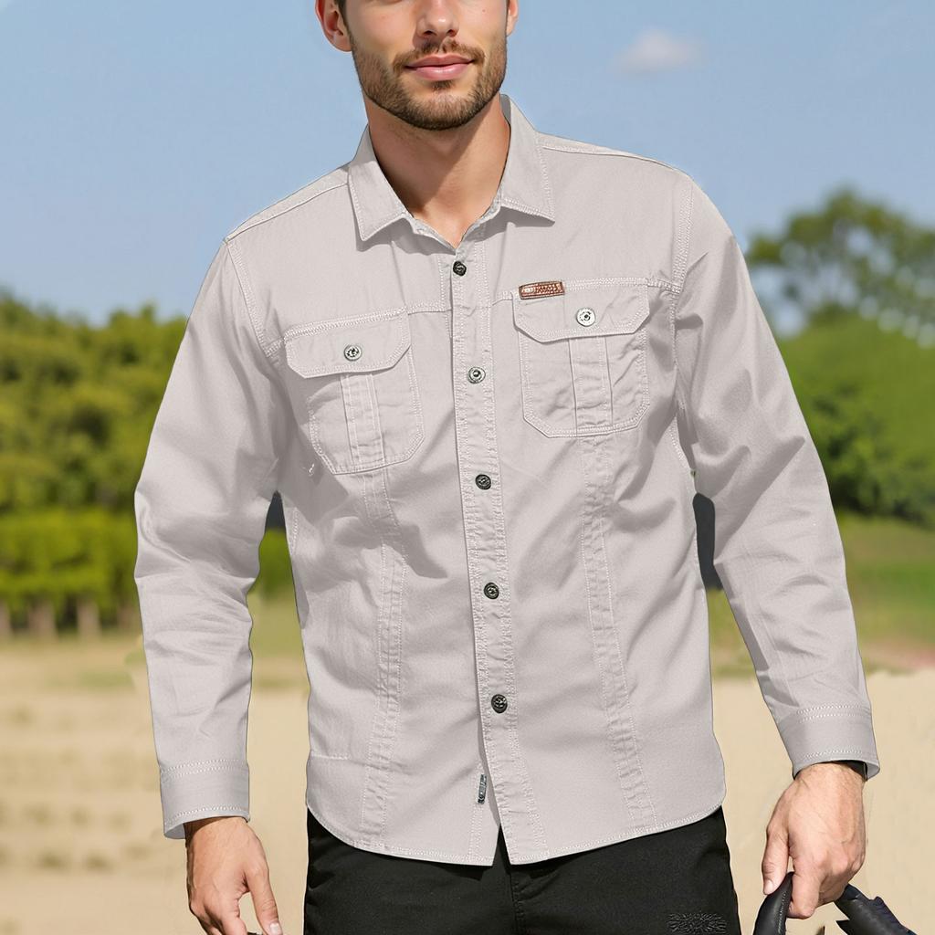 Мужская рубашка с двойными карманами, повседневный топ с длинным рукавом, модный кардиган