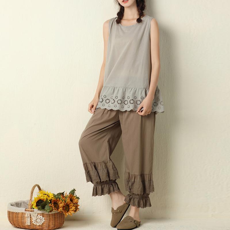 Johnature Женские брюки Mori из хлопка в стиле пэчворк с кружевом и оборками, летние винтажные однотонные брюки до щиколотки с эластичной резинкой на талии