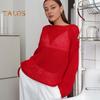 Women Knitting T-shirt Round Neck Flared Long Sleeve Hollow Tee Shirt Solid Color Loose Fit See-through Thin Knitting Tops