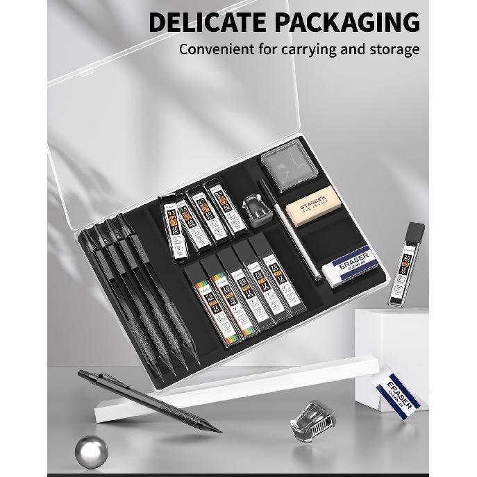 21PCS Metal Mechanical Pencil Set, Art Lead Pencil 0.3, 0.5, 0.7, 0.9, 2mm Holder(HB 2H 2B 4B Color) with 10 Tubes Graphite Lead Refills Eraser with