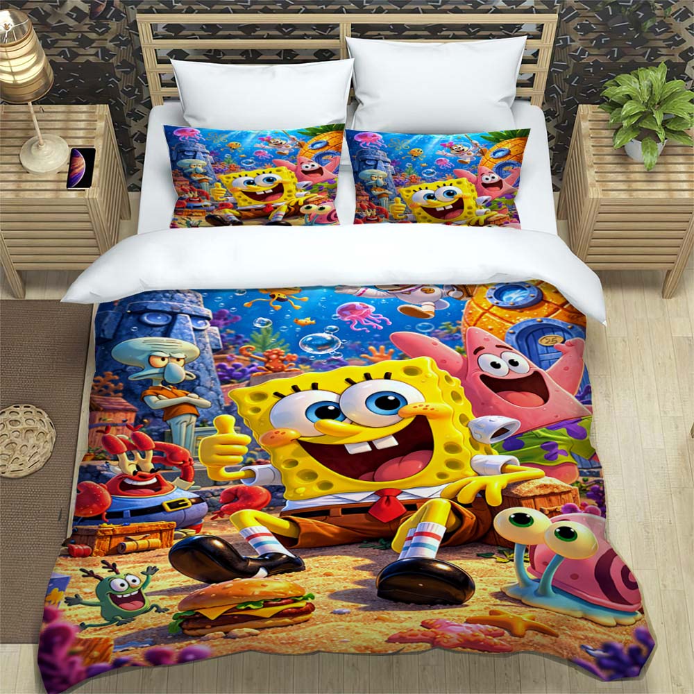 3D Sponge Bob Square Pants Printed Bedding Set, Cartoon Pattern Duvet Cover and Pillowcases, Single/Double Bed Sheet Sets,