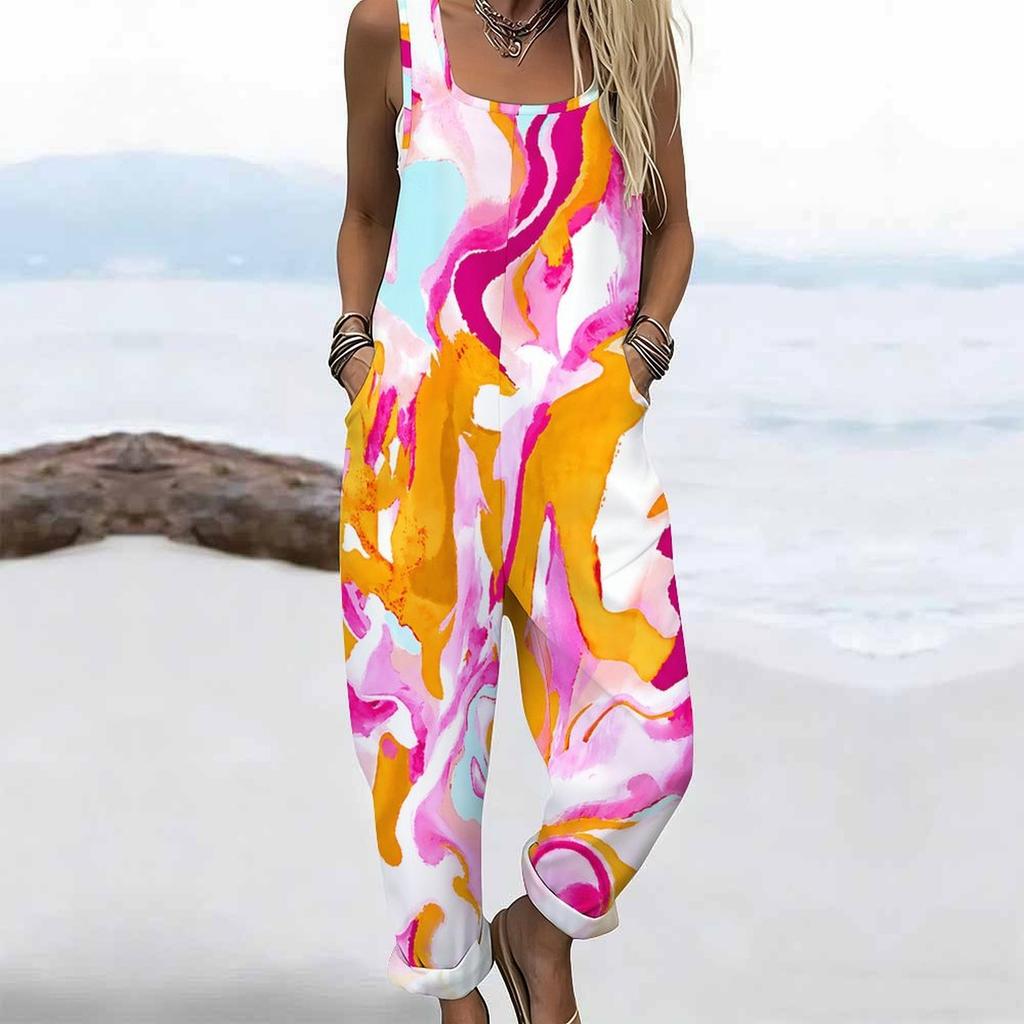 Women Plus Size Black White Khaki Printed Square Neck Sleeveless Loose Jumpsuit With Pockets Cuffed Ankle