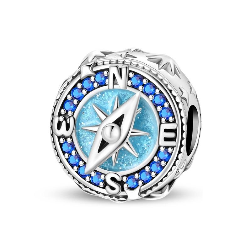 925 Silver Compass Charms Beads Sparkling CZ Zircon Dangle Fit Original Bracelet DIY For Women Travel Jewelry Gifts