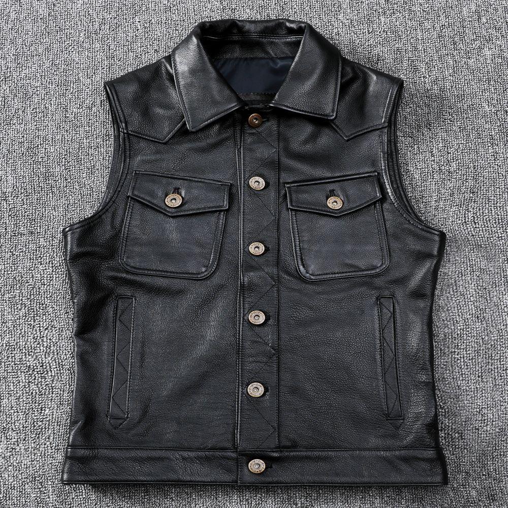 Tough Guy Motorcycle Leather Vest Pure Head Layer Cowhide Leather Vest Lapel Short