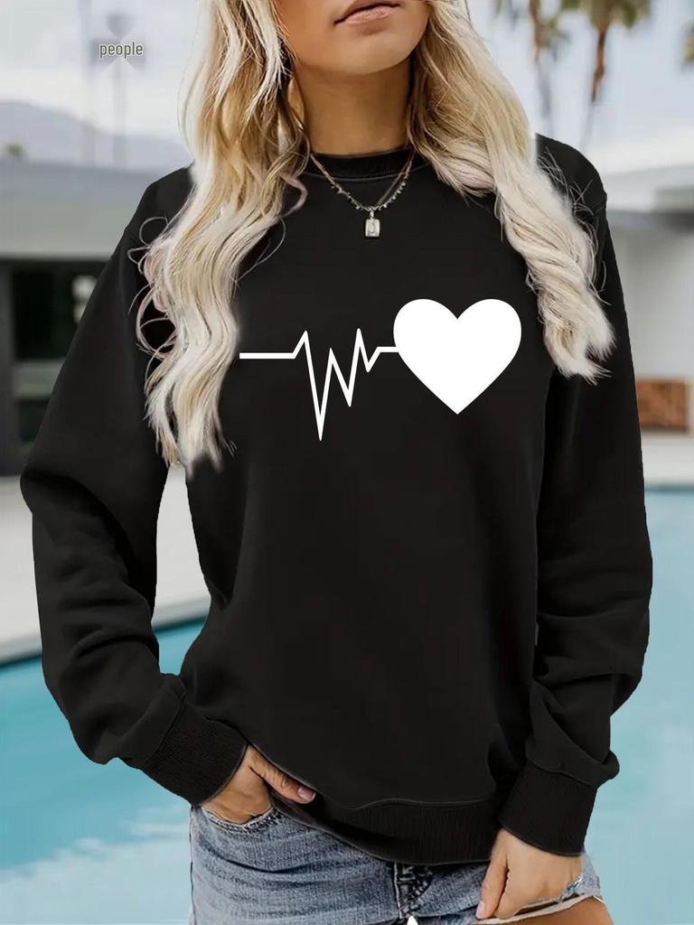 Women's Autumn/Winter Heartbeat Print Long-Sleeve Pullover Sweatshirt