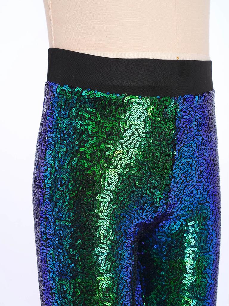 Привлекательные расклешенные танцевальные брюки для девочек: Дизайн с блестящими пайетками по всей длине ноги и эластичным поясом для свободы движений