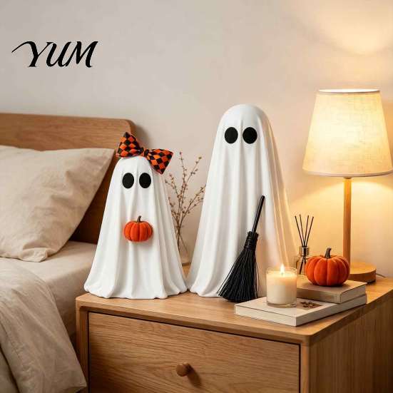 Rustic Plaid Bow Decor 2 Pcs Spooky Ghost Halloween Decoration, Cute Standing with Broom Farmhouse Tabletop Ornaments And Pumpkin for Indoor