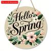 2D Flat 20*20cm1pc Hello Spring Green Leaves and Flowers Patterns Wooden Hanging Sign Spring Rustic Round Art Plaques Sign for Toilet Home Living Room