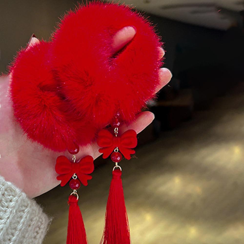 2pcs Elastic New Year's Red Plush Hair Rope Ancient Style Girl Hair Ties Daily Life