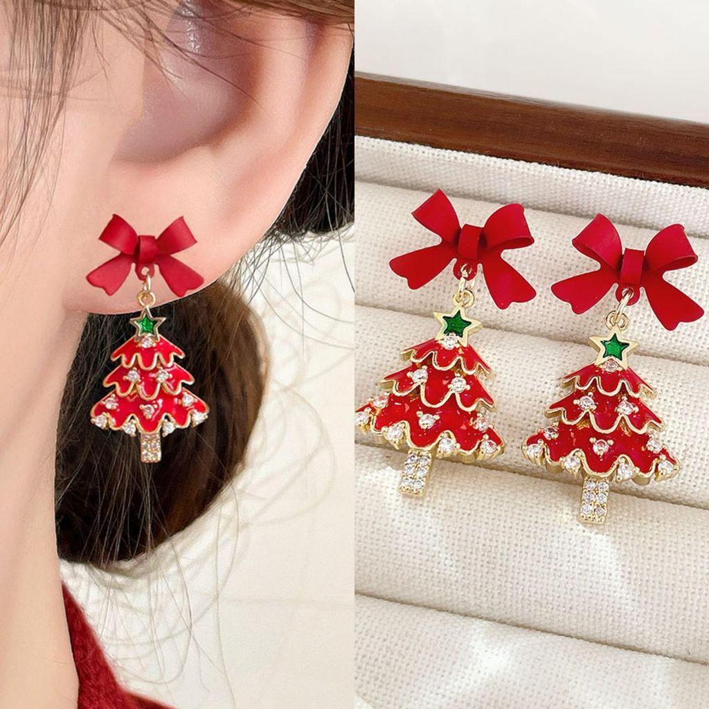 Diamond-Set Enamel Bow Christmas Tree Earrings: Silver Needle Light Luxury Studs