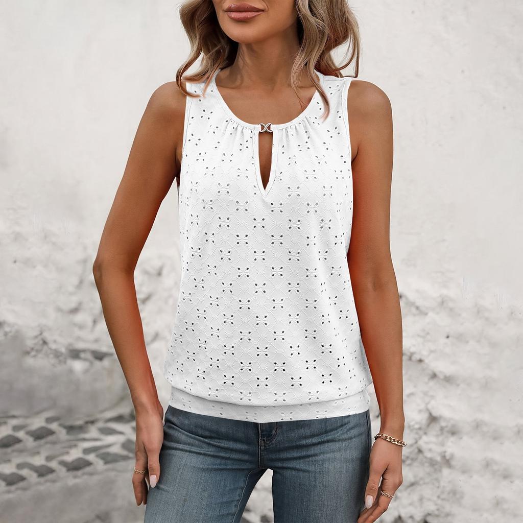 Женская модная однотонная футболка без рукавов с пряжкой и круглым вырезом