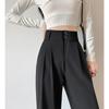 Women's High-End Black Drapey Straight-Leg Wide Suit Pants - Slimming, Casual Fit for Spring/Summer, Ideal for Pear-Shaped Bodies.