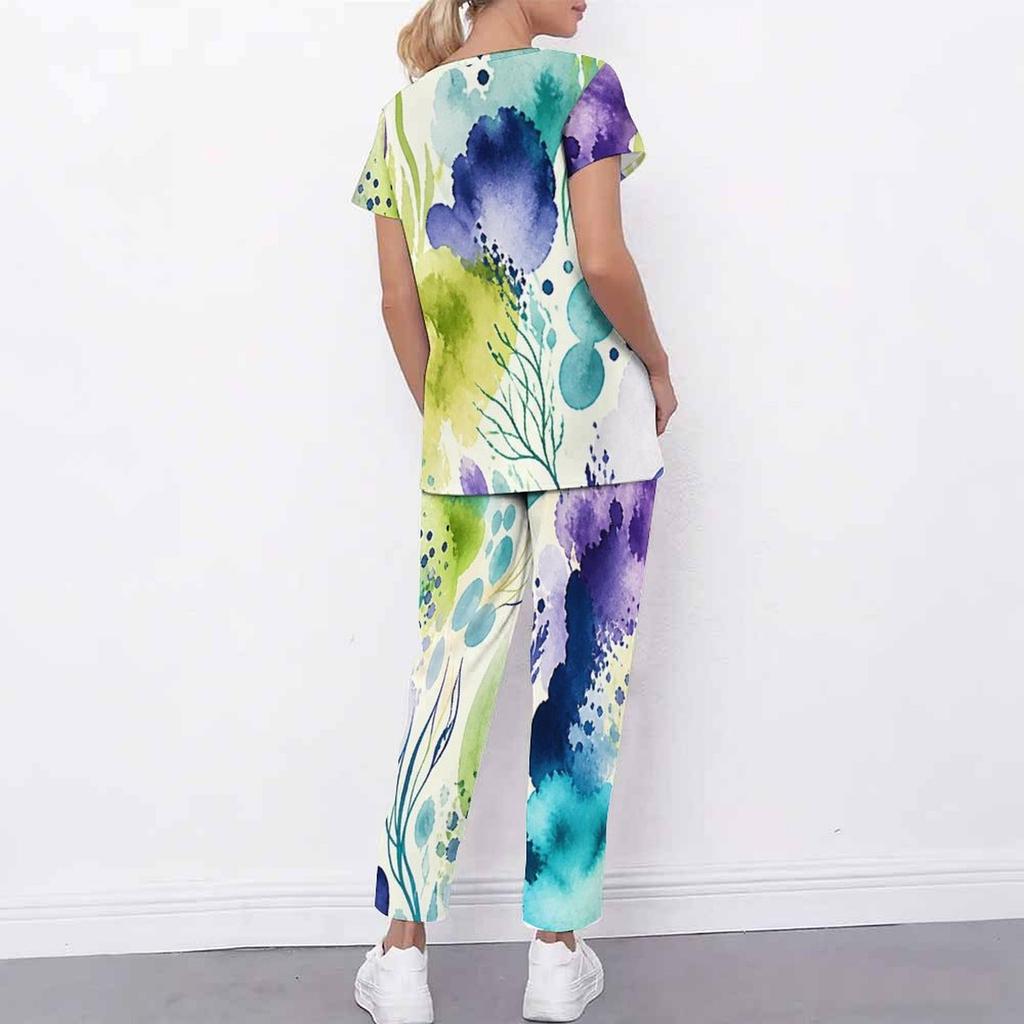 Women Plus Size Beige Brown Printed Scrub Set Cutout V Neck Short Sleeve Top Long Pants With Pockets