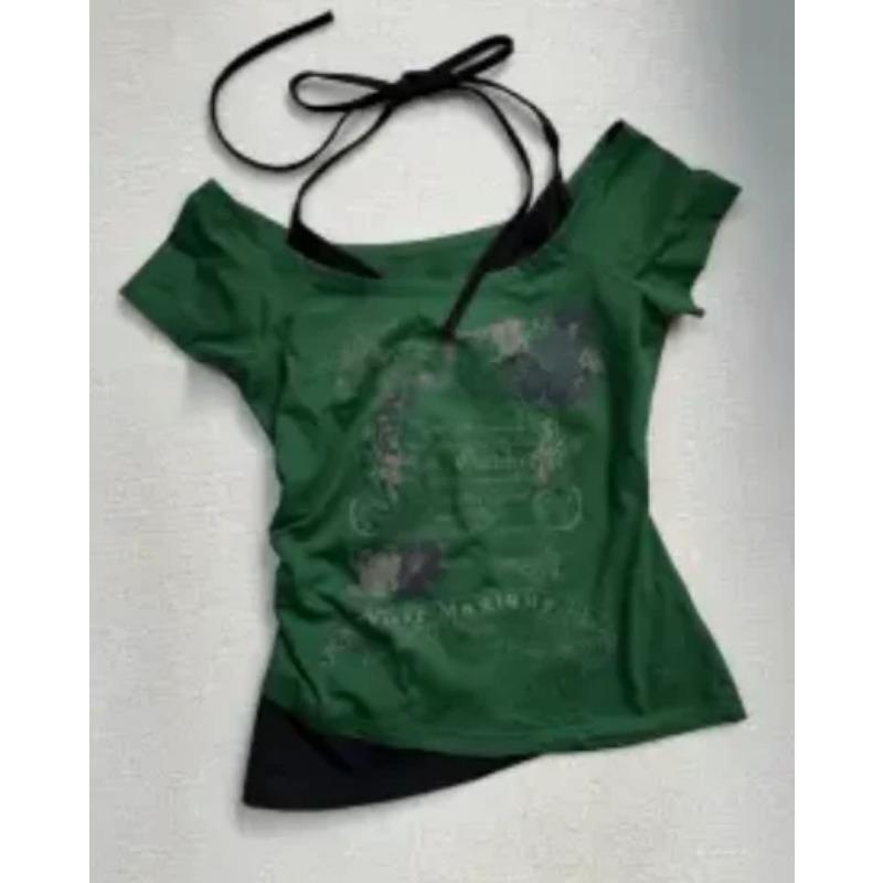 Летние поддельные две части бретелька через шею бандаж винтажные футболки Y2k эстетика тонкий укороченный топ женский гранж принт Harajuku повседневная сексуальная футболка