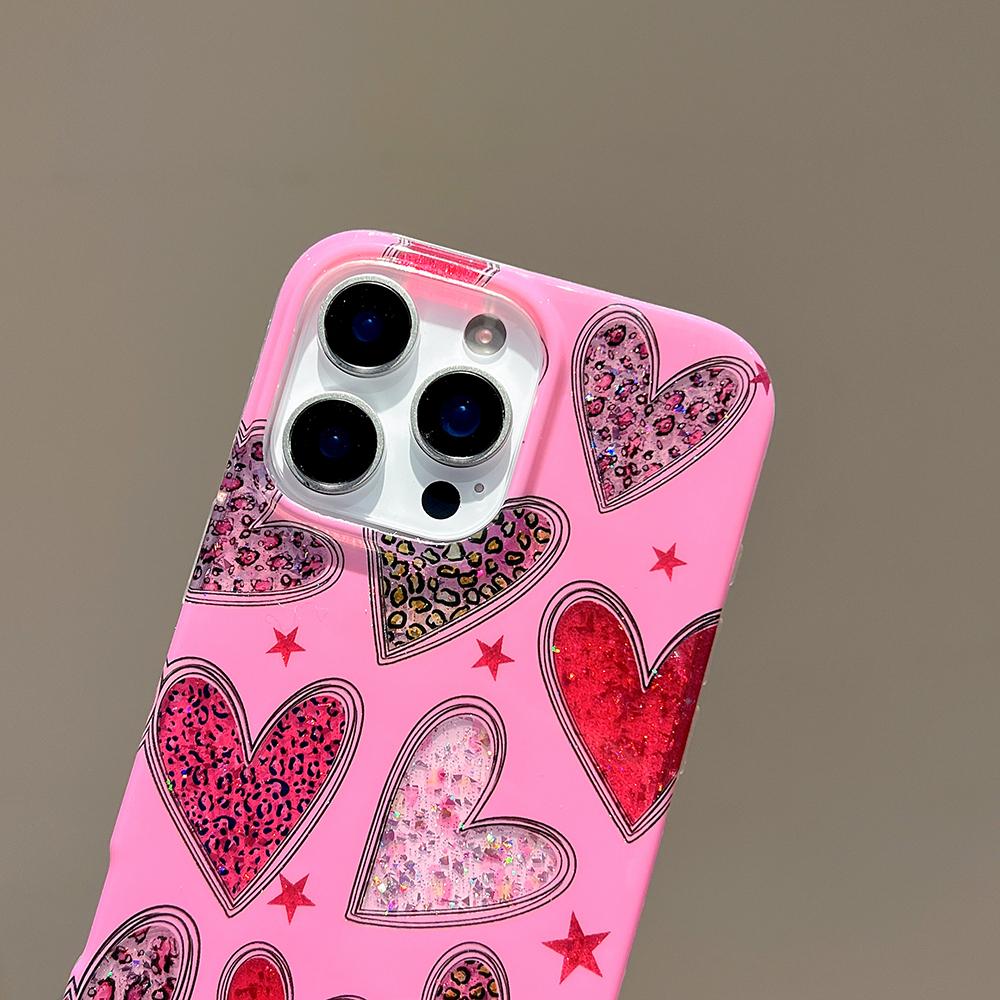 Trendy Love Heart Leopard Glitter Pink Phone Case for IPhone 13 14 15 16 17 Pro Max 15pro Shockproof Soft Bling Cover