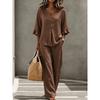 2026 Womens Casual Button V-Neck Ruffled 3/4 Sleeve Top Pants Set