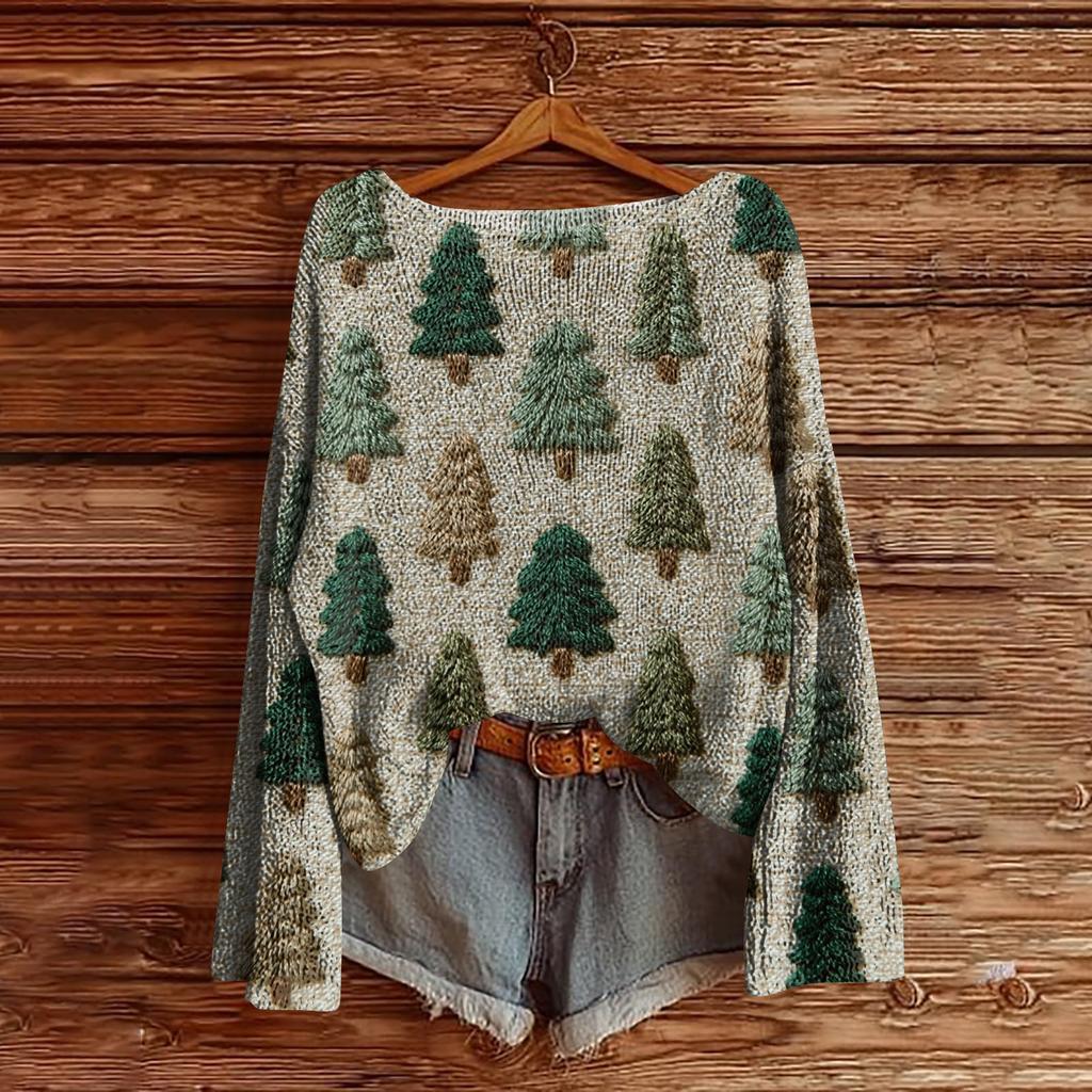 Women's Christmas Print Lightweight Sweater Casual Long Sleeve Knitted Pullover