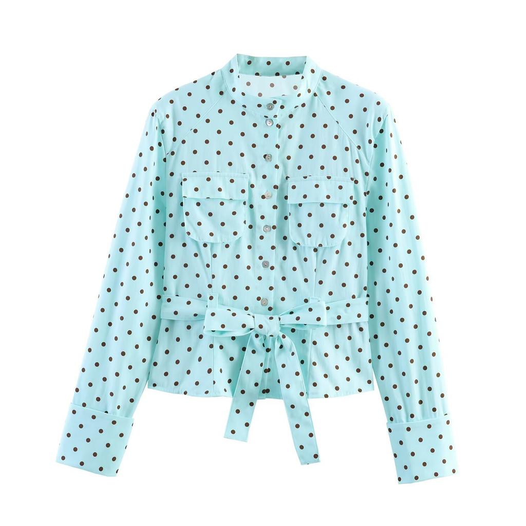 European and American style, wholesale women's cross-border polka dot shirt jacket + Capri pants + high waist and naked pants