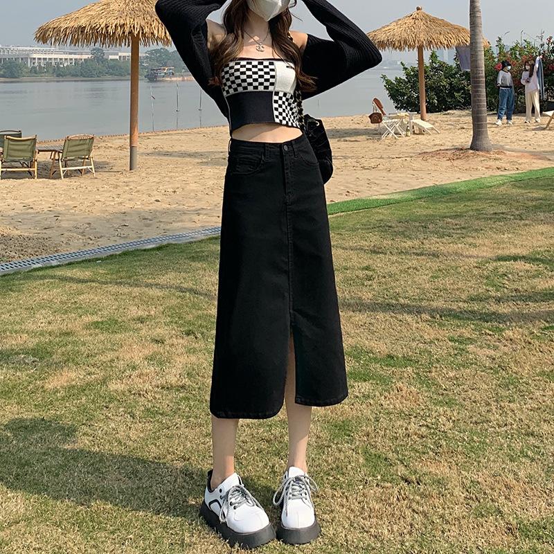 Юбка джинсовая с разрезом с высокой талией для женщин Новая осенняя А-силуэта Юбка, закрывающая бедра Юбка для фигуры "маленькая груша" Длинная юбка