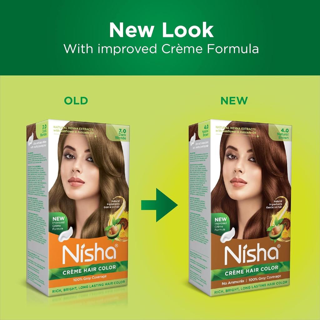 Nisha Creme Hair Color Natural Brown For Women Permanent Grey Coverage Long Lasting Shine Home Use Kit 60g+60ml Pack OF 1