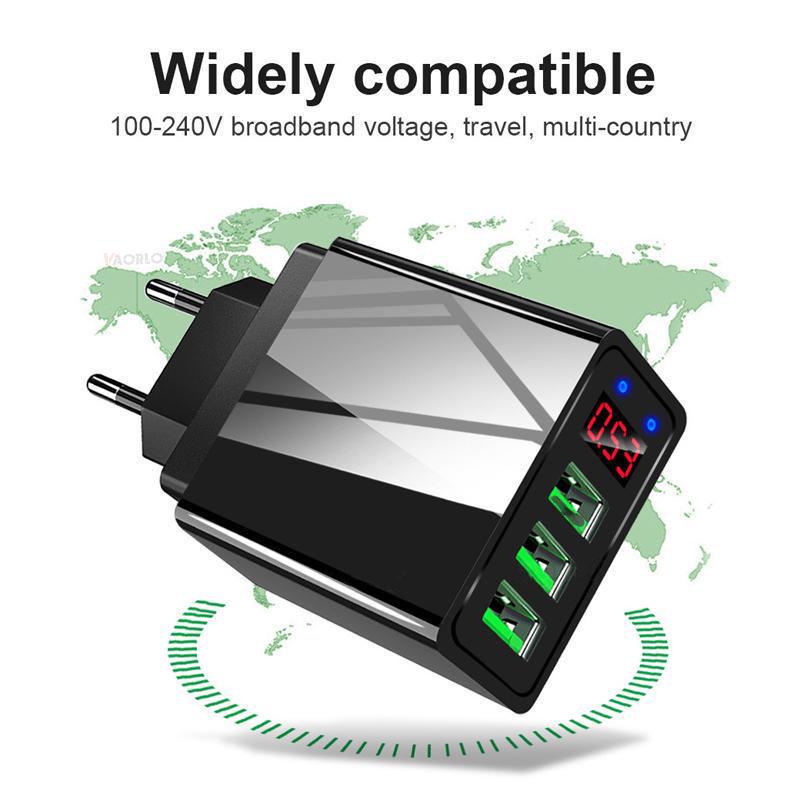 VAORLO Светодиодное зарядное устройство USB-порт 5V 3.1A Быстрая зарядка Три порта для USB-кабеля для зарядки USB-кабель со штекером EU ES Светодиодный дисплей