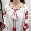 Summer Shirt Women Ethnic Style Embroidered Pattern Pullover Tops Round Neck Lantern Sleeve Loose Fit Blouse