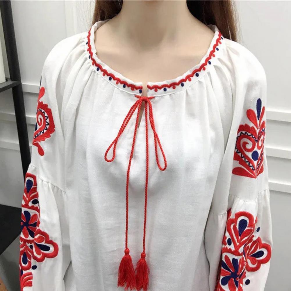 Summer Shirt Women Ethnic Style Embroidered Pattern Pullover Tops Round Neck Lantern Sleeve Loose Fit Blouse