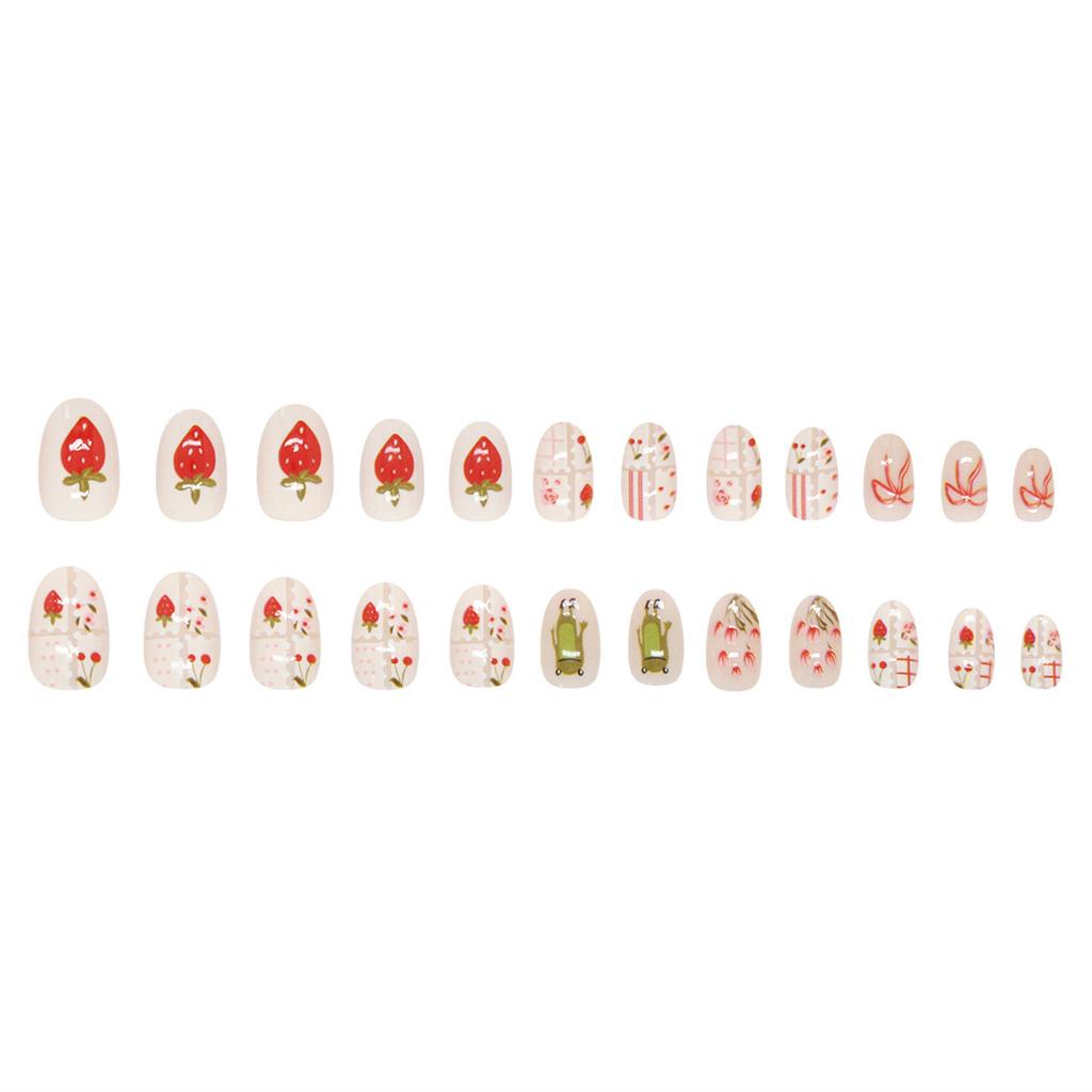 24pcs Women Full Cover Stick on Nails Strawberry Pattern Artificial Nails for DIY Nail Design Art Salon