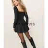 Spring New Women's Clothing Fashion Style Casual Minimalist Square Collar Long Sleeve Hem Pleated Short Mini Dress