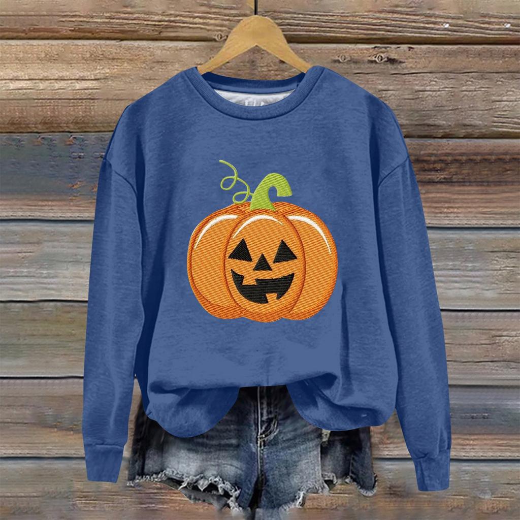 Женская мода Хэллоуин с длинным рукавом с принтом Свободная толстовка с круглым вырезом Топ