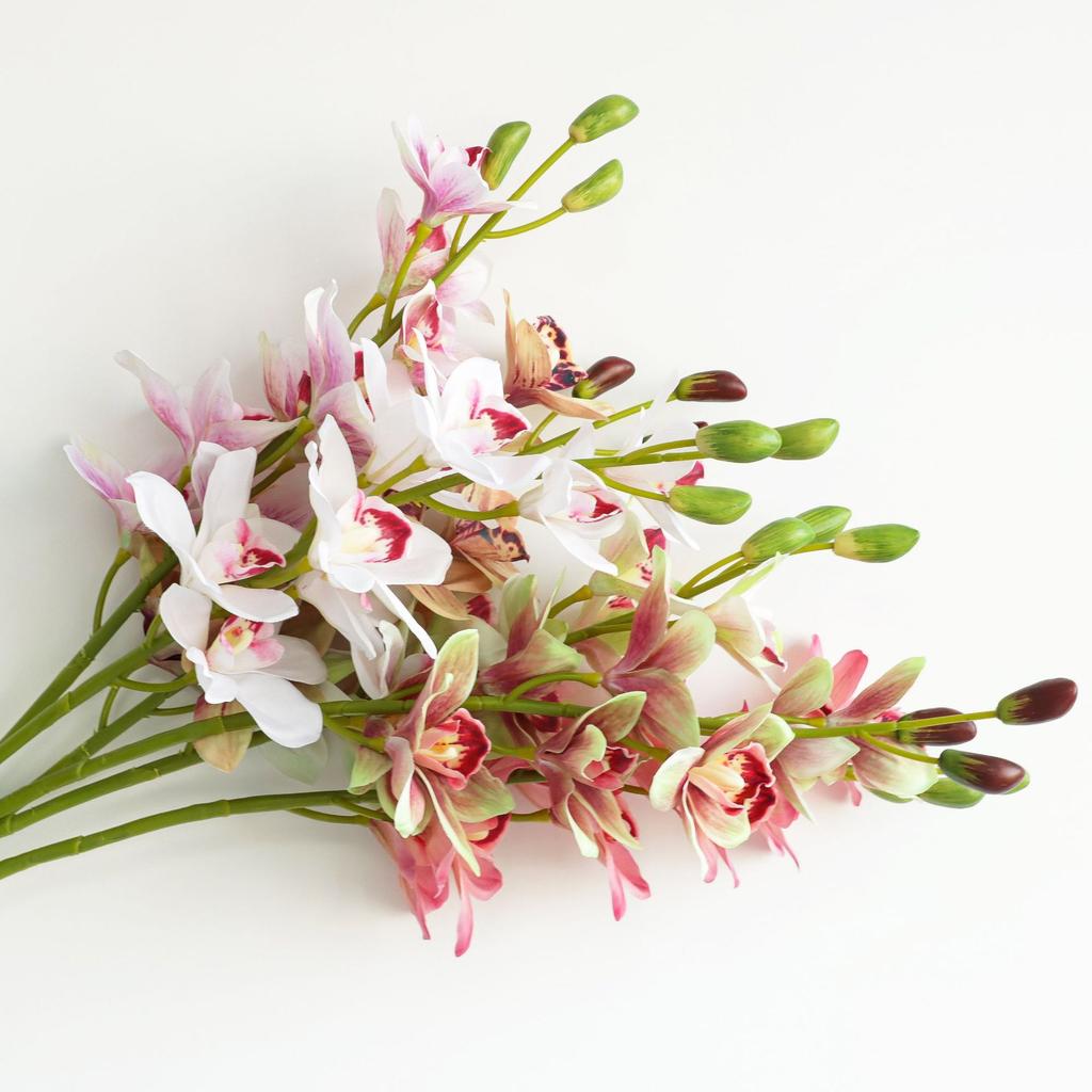 Yellow Artificial Cymbidium Orchid Stem, Faux Orchid with Blooms & Buds, Fake Flower for Home Vase Decor
