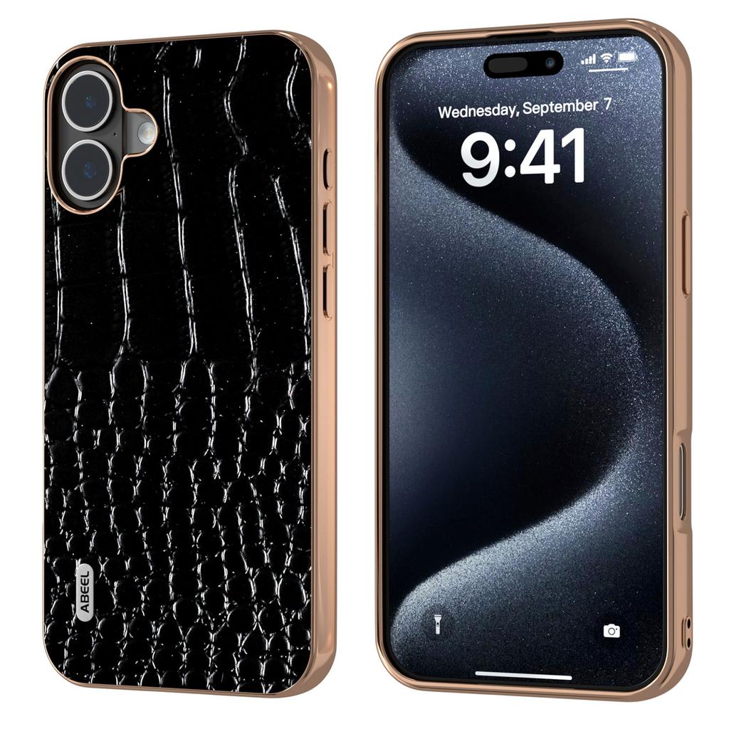 ABEEL For iPhone 16 Case Electroplating Edge Crocodile Texture Genuine Cow Leather Back Phone Cover