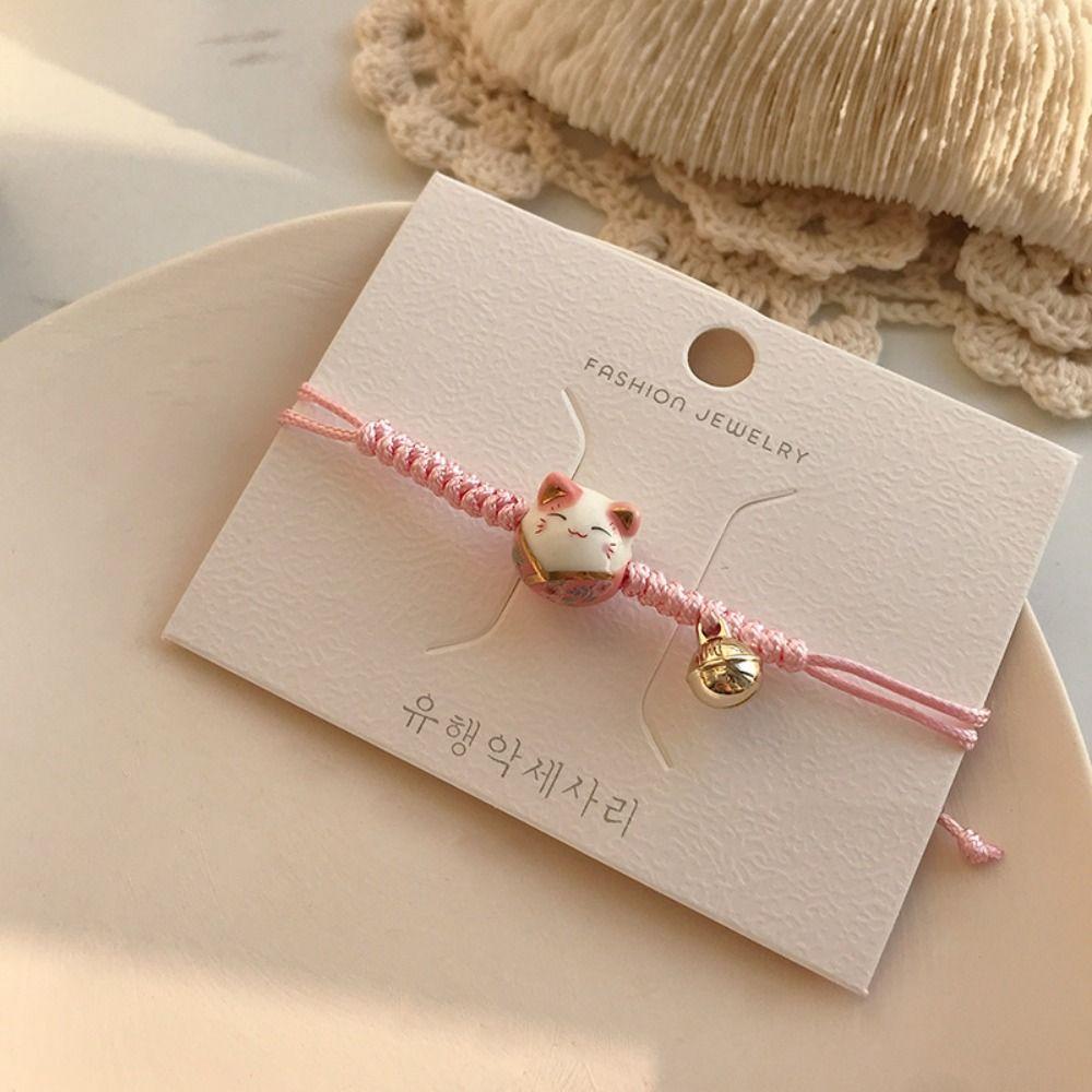 Ceramic Cat Pendant Chinese Style Jewelry Red Braided Rope Women Hand Ring Maneki Neko Bracelet