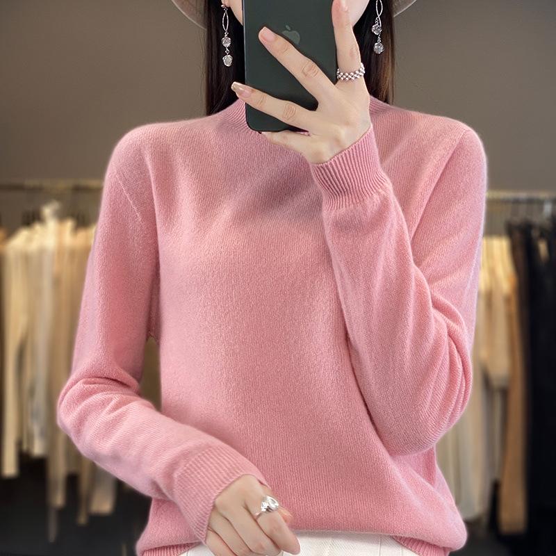 Women's Half-High Neck Wool Sweater Pullover - Loose Fit, Autumn/Winter Knitwear