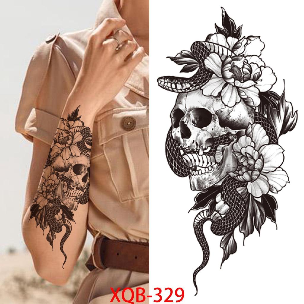 1 PC 210*114MM Cat Geometry Black Temporary Tattoos For Men Women Black Forest Skull Tiger Wolf Tattoo Sticker Evil Devil Arm Tattoo