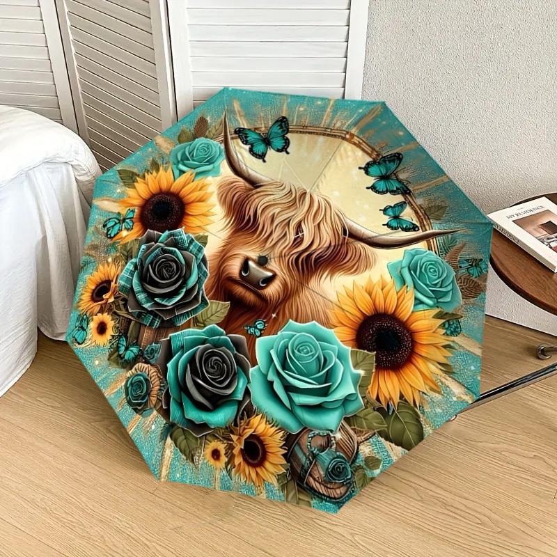 1pc Highland Cow Floral Mandala Umbrella with Plastic Handle,Suitable for All Seasons Home Travel Outdoor UmbrellaDD1146