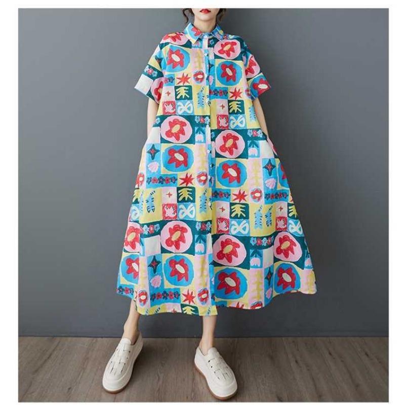 Women's Short Sleeved Loose Fashion Printed Mid Length Shirt Dress