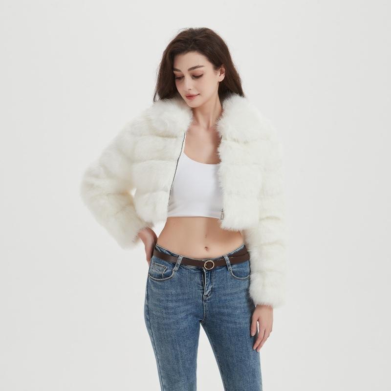 Autumn and winter imitation fur jacket women's short European and American splicing hooded jacket