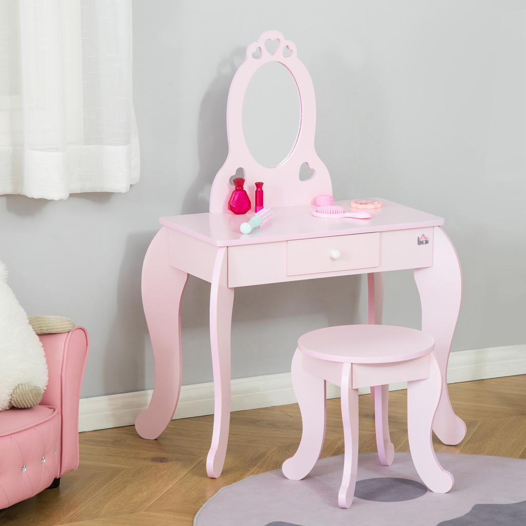 Kids Vanity Table And Stool Girls Dressing Set Make Up Desk Chair Dresser Play Set With Mirror Pink