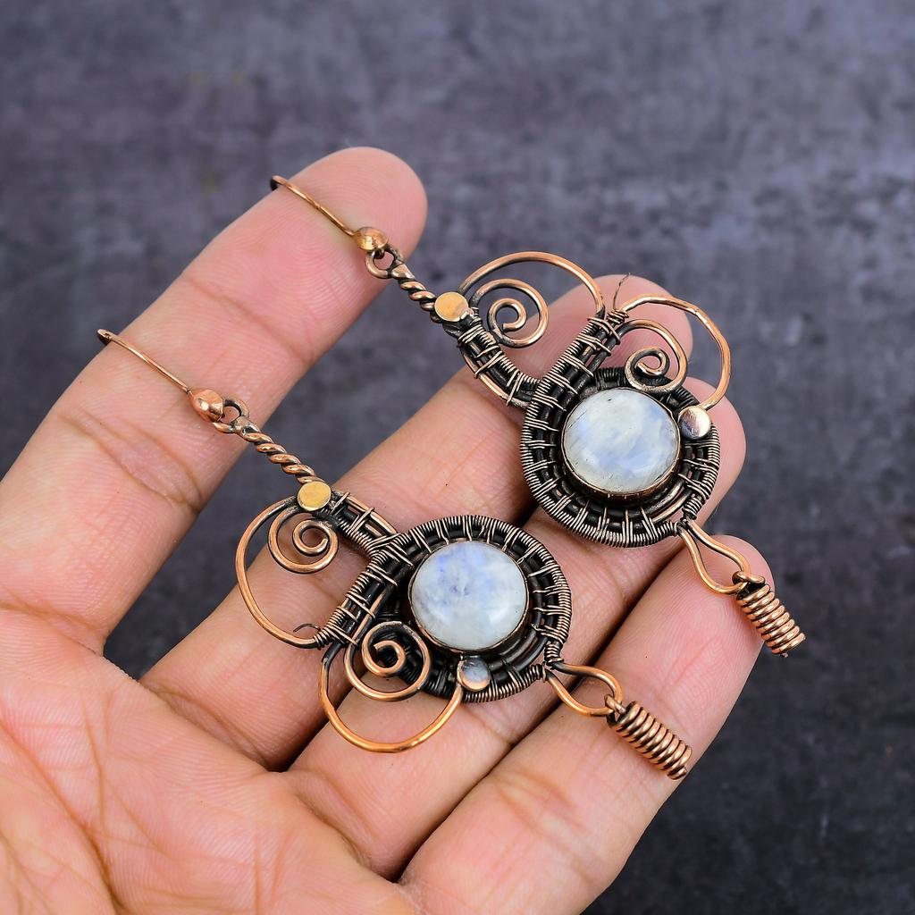 Natural Moonstone Gemstone Handmade Copper Wire Wrap Jewelry Earring 3.55" G0p68
