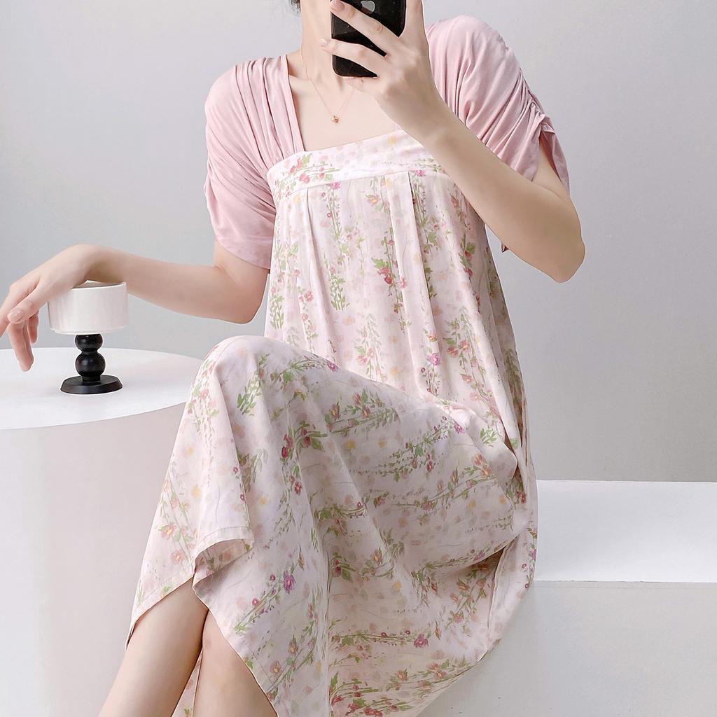 Improved Hanfu short-sleeved cotton and silk nightgown women's summer cotton and silk can be worn outside fairy air artificial cotton loungewear natio